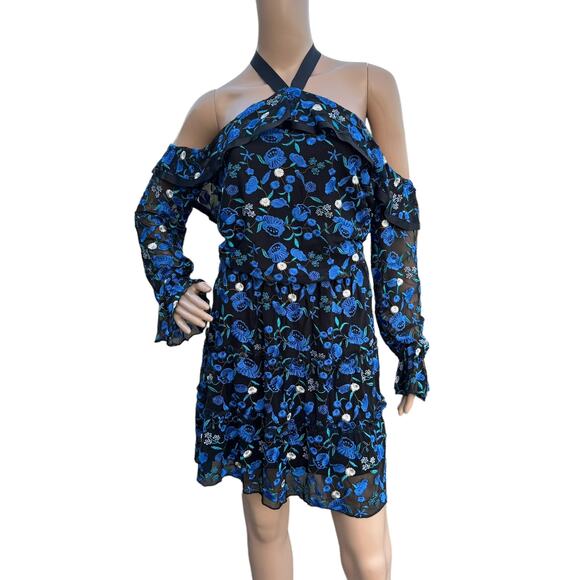 Alexia Admor Floral Embroidered Off-Shoulder Halter Dress, Black & Blue, Size 8 - Picture 5 of 12